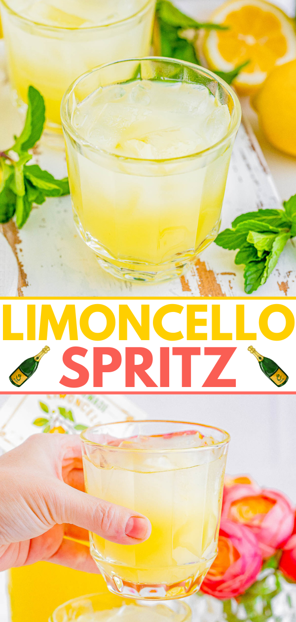 A hand holding a glass of limoncello spritz with lemons, mint leaves, and a bottle of limoncello in the background.