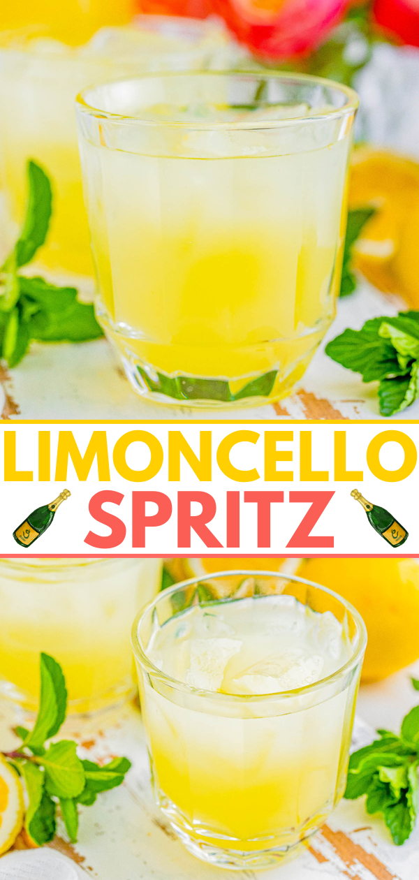 A vibrant graphic for limoncello spritz, featuring images of the cocktail garnished with lemon slices and mint.