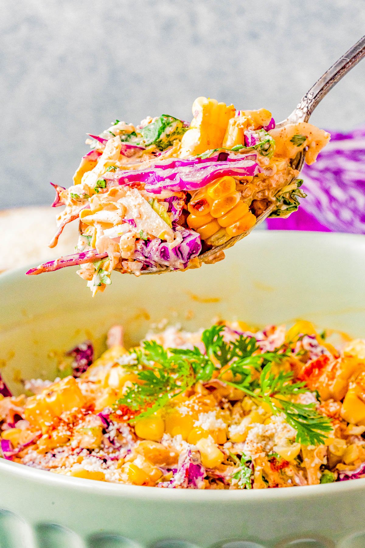 A fork lifting a colorful salad with corn, shredded purple cabbage, herbs, and grains from a bowl, with vibrant textures and fresh appearance.