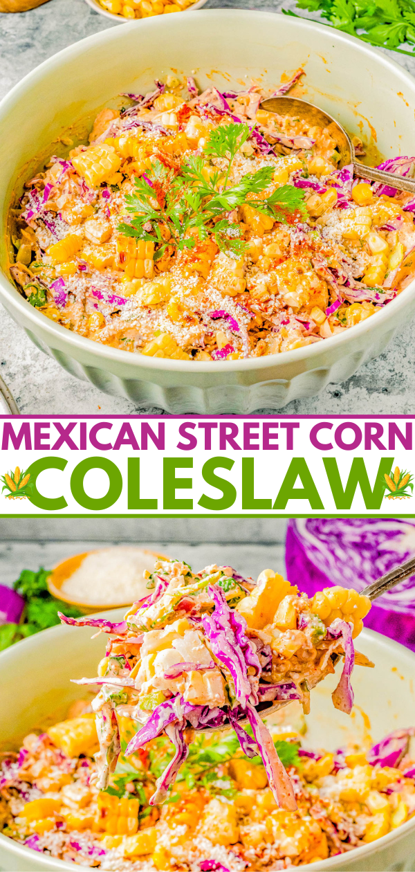 A vibrant image of mexican street corn coleslaw, featuring creamy, colorful slaw in a bowl, garnished with fresh herbs and spices, and a spoonful being served.