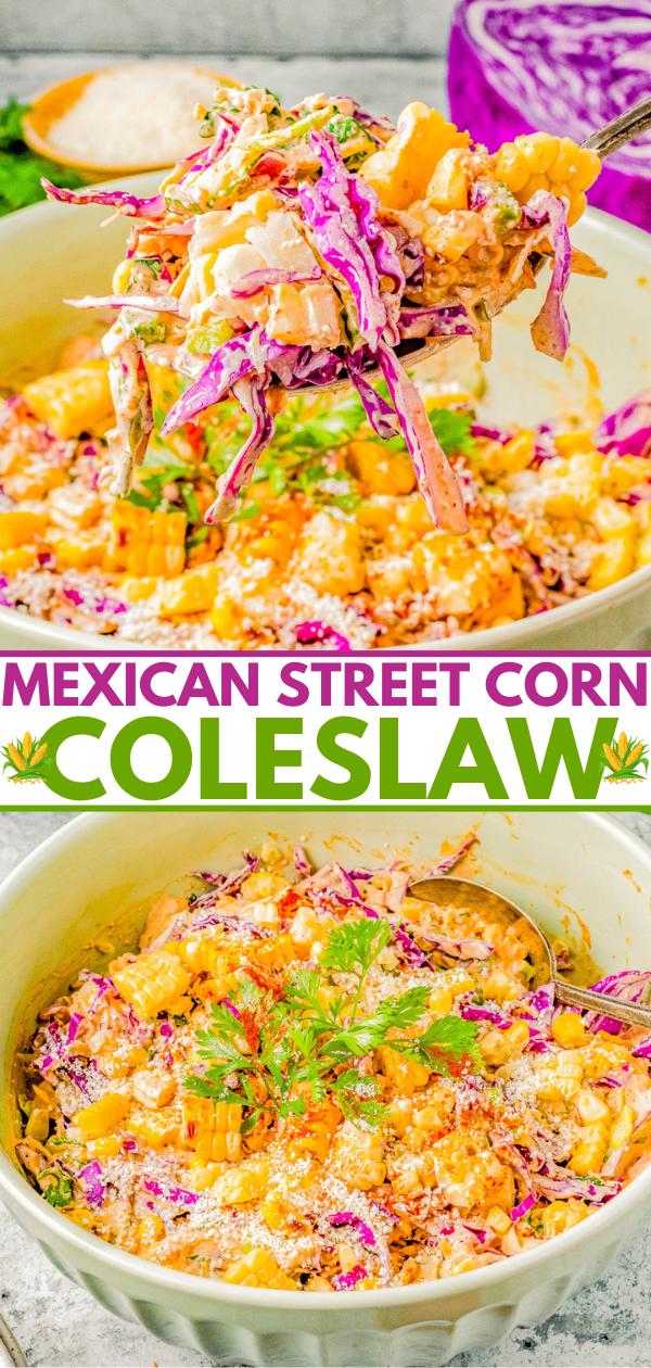 A colorful bowl of mexican street corn coleslaw garnished with fresh herbs, featuring text overlay describing the dish.