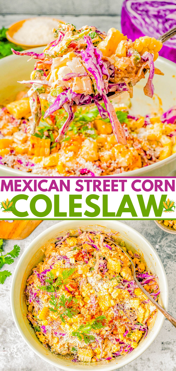 A vibrant bowl of mexican street corn coleslaw with colorful cabbage, topped with creamy dressing and cilantro, served with a chip scooping a portion.