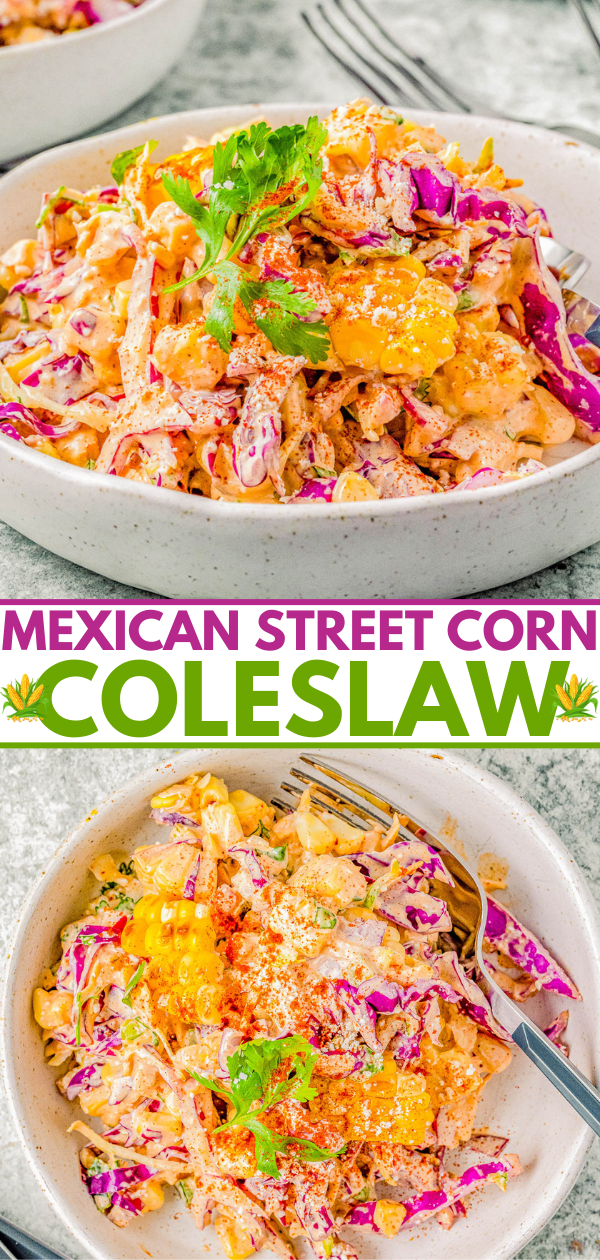 Two bowls of mexican street corn coleslaw garnished with cilantro on a marble surface, with text labels describing the dish.