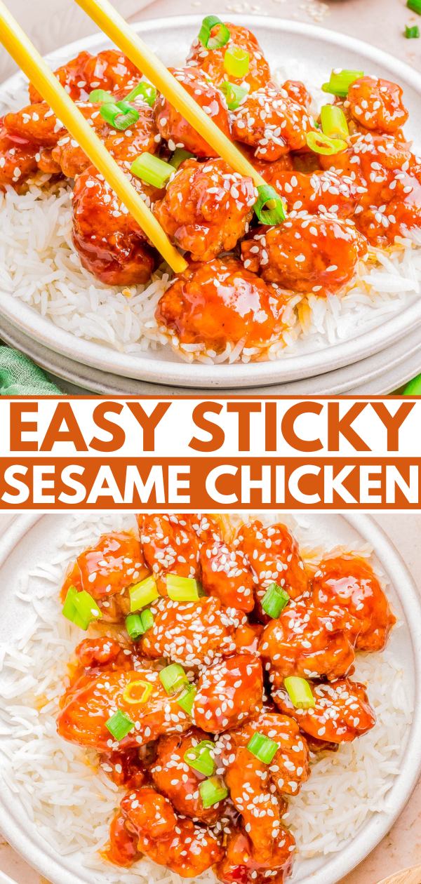 Sticky sesame chicken served over rice, garnished with sesame seeds and green onions, accompanied by chopsticks.