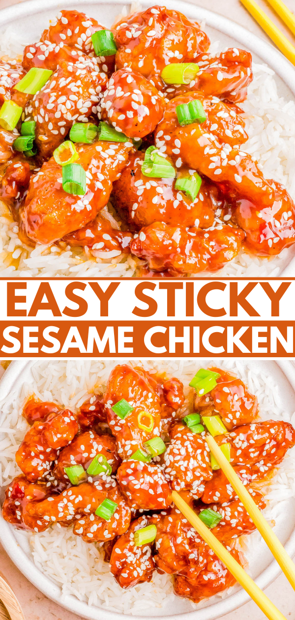 Plate of sticky sesame chicken over rice garnished with sesame seeds and green onions, with text labels for recipe promotion.