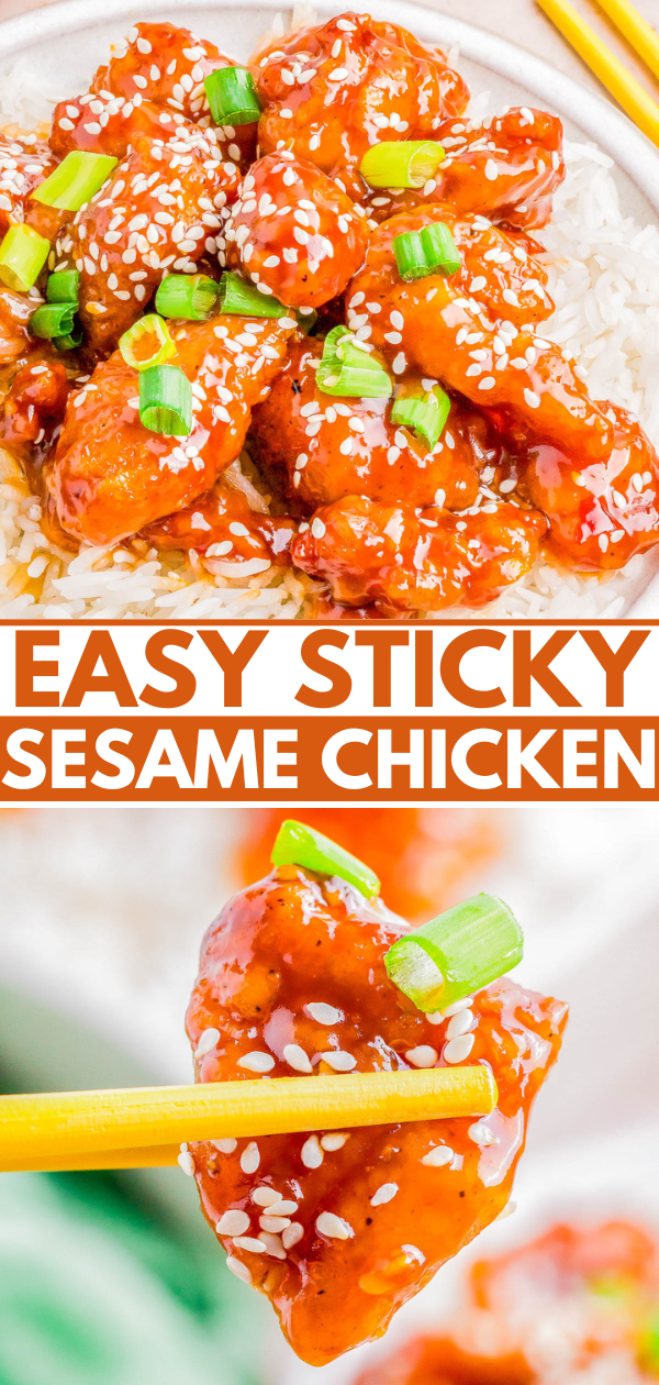 Plate of sticky sesame chicken topped with sesame seeds and green onions, served over white rice, with text "easy sticky sesame chicken" above.