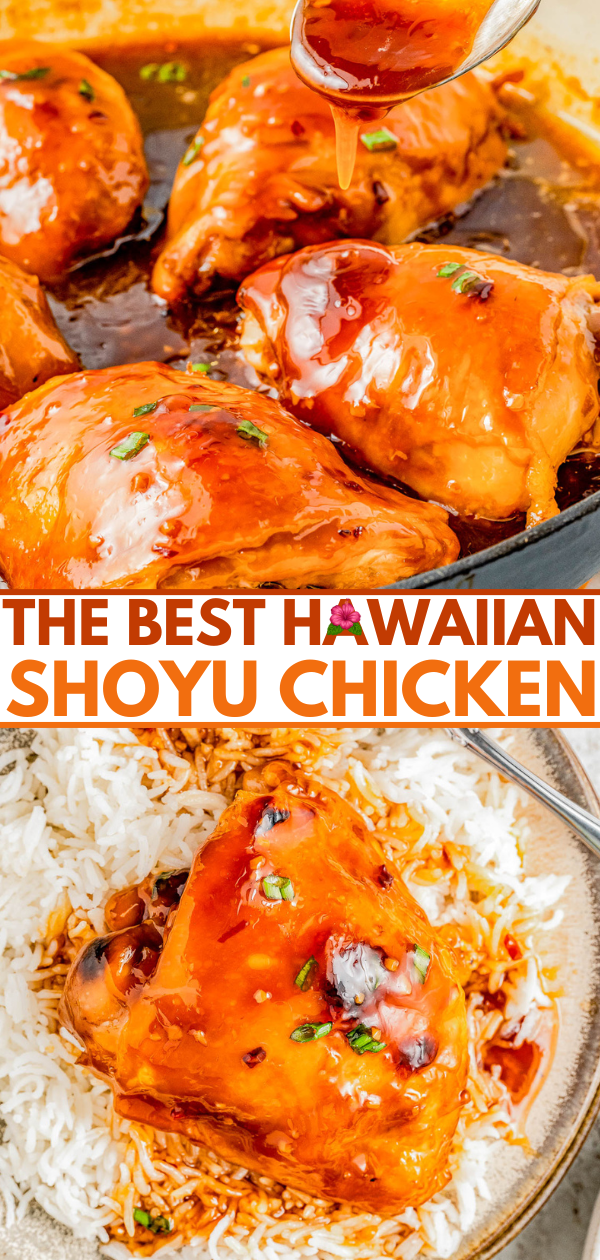 Hawaiian shoyu chicken served over rice, garnished with green onions, with sauce being poured over from a spoon.