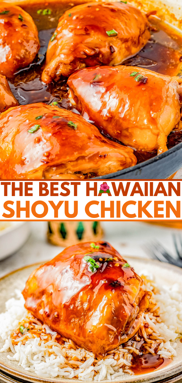 Hawaiian shoyu chicken served over rice on a plate, with more chicken in a saucepan, labeled "the best hawaiian shoyu chicken.