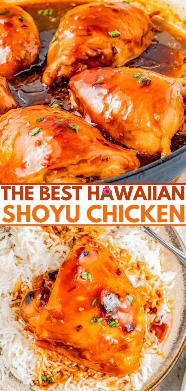 Hawaiian shoyu chicken glazed in a sweet-savory sauce, served with white rice and garnished with green onions.