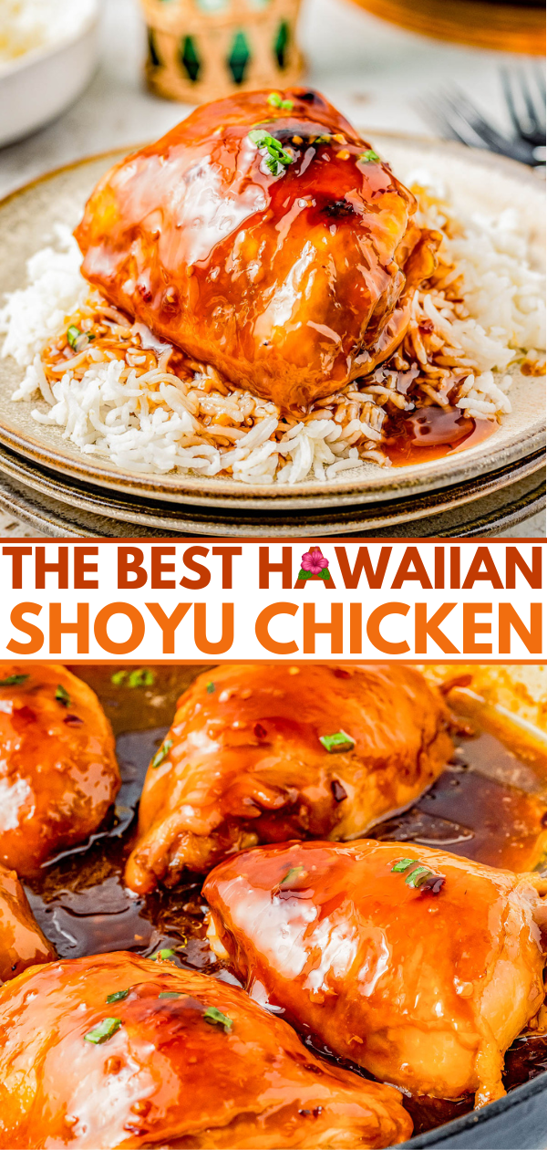Plate of hawaiian shoyu chicken served over rice, garnished with chopped herbs; the dish is highlighted as "the best hawaiian shoyu chicken" in text overlay.