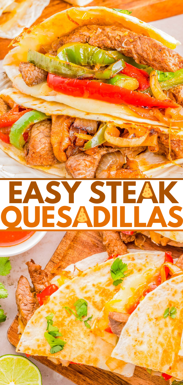 Steak quesadillas with melted cheese and bell peppers served with lime wedges, showcasing both cooked and open-faced quesadillas.