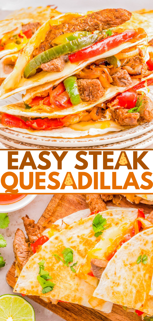 Steak quesadillas with colorful bell peppers, melted cheese, and lime slices on a serving plate, with text overlay "easy steak quesadillas".