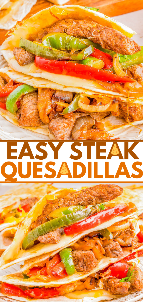 Stacked steak quesadillas filled with colorful bell peppers and melted cheese, served on a foil-lined plate.