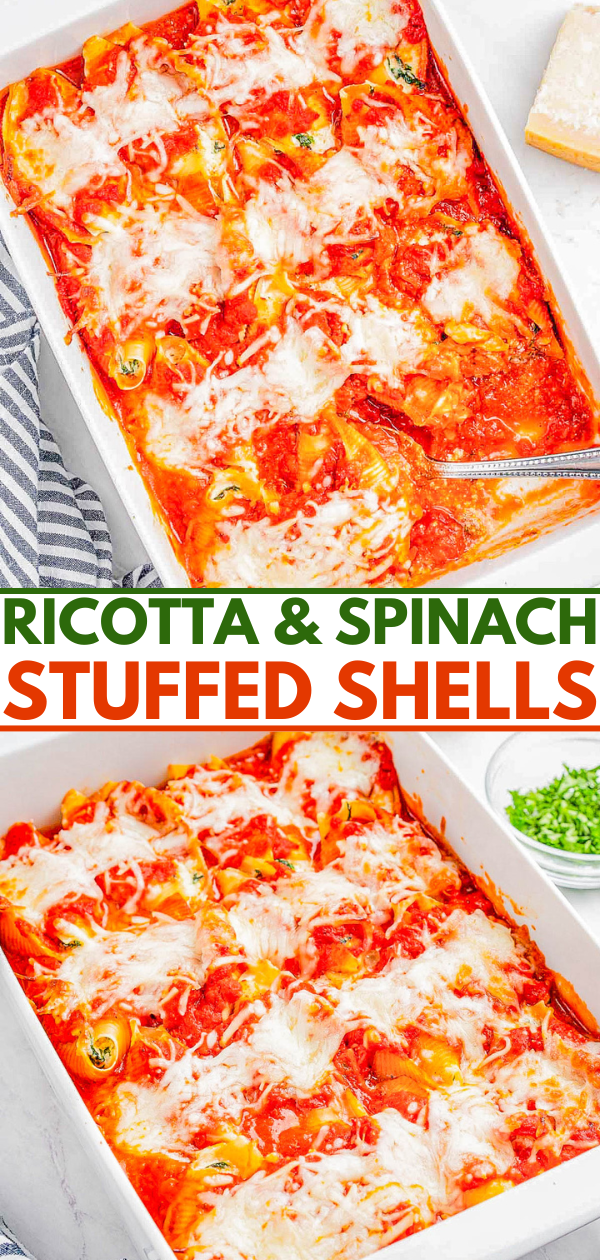 A dish of ricotta and spinach stuffed shells topped with melted cheese and tomato sauce.