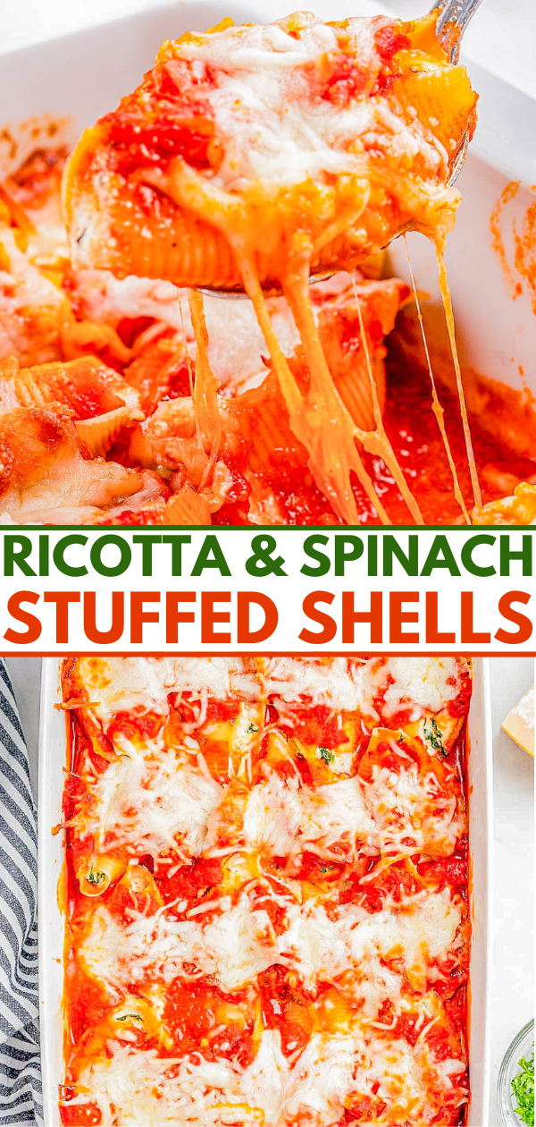 A gooey spoonful of ricotta and spinach stuffed shells being lifted from a baking dish.
