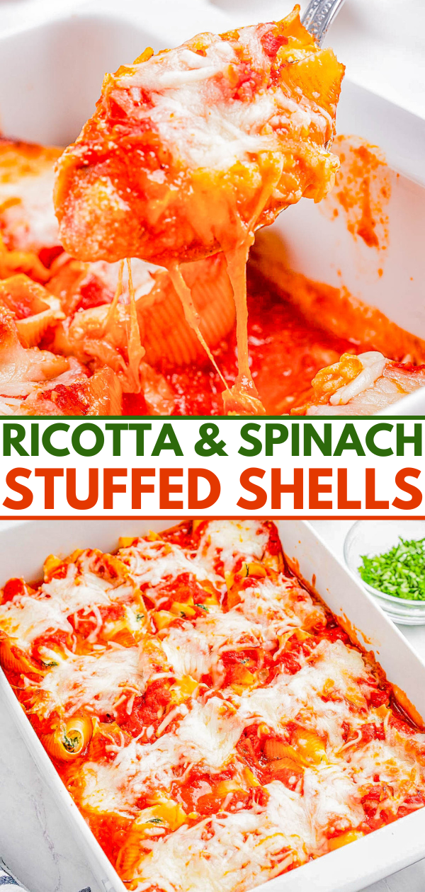 Ricotta and spinach stuffed shells in tomato sauce.