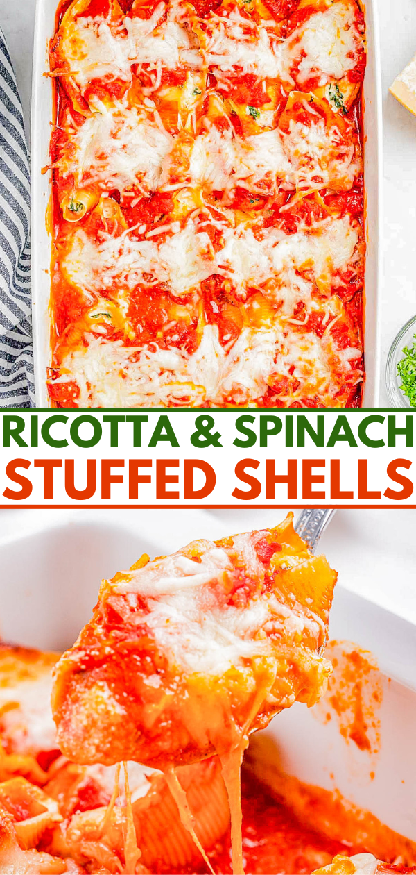 A dish of ricotta and spinach stuffed shells with melted cheese on top.