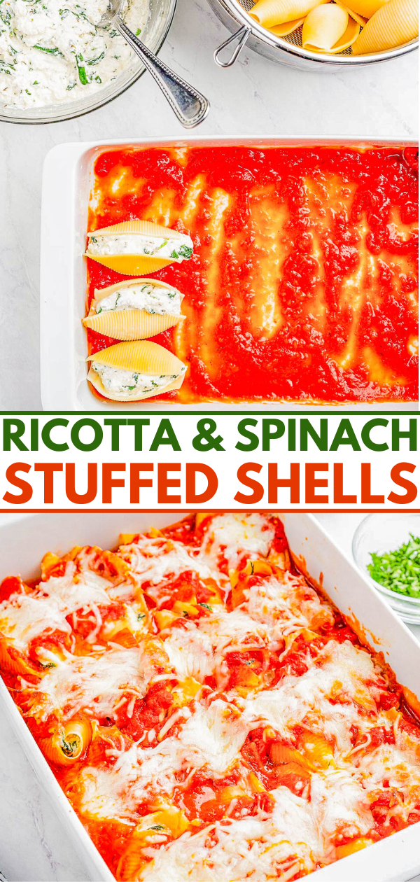Ricotta and spinach stuffed shells with marinara sauce.