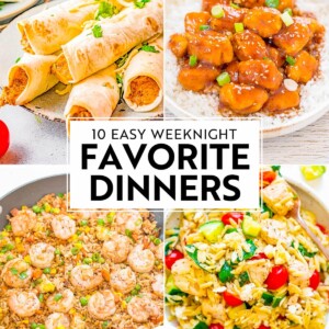 Collage of four dishes: taquitos, orange chicken with rice, shrimp stir fry, and curry rice with vegetables, titled "10 easy weeknight favorite dinners" by averie cooks.