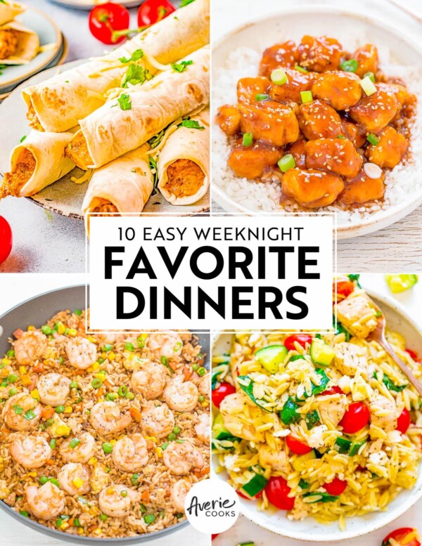 Collage of four dishes: taquitos, orange chicken with rice, shrimp stir fry, and curry rice with vegetables, titled "10 easy weeknight favorite dinners" by averie cooks.