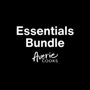 Black background with "Essentials Bundle" written in white text, and "Averie Cooks" in smaller white script below.