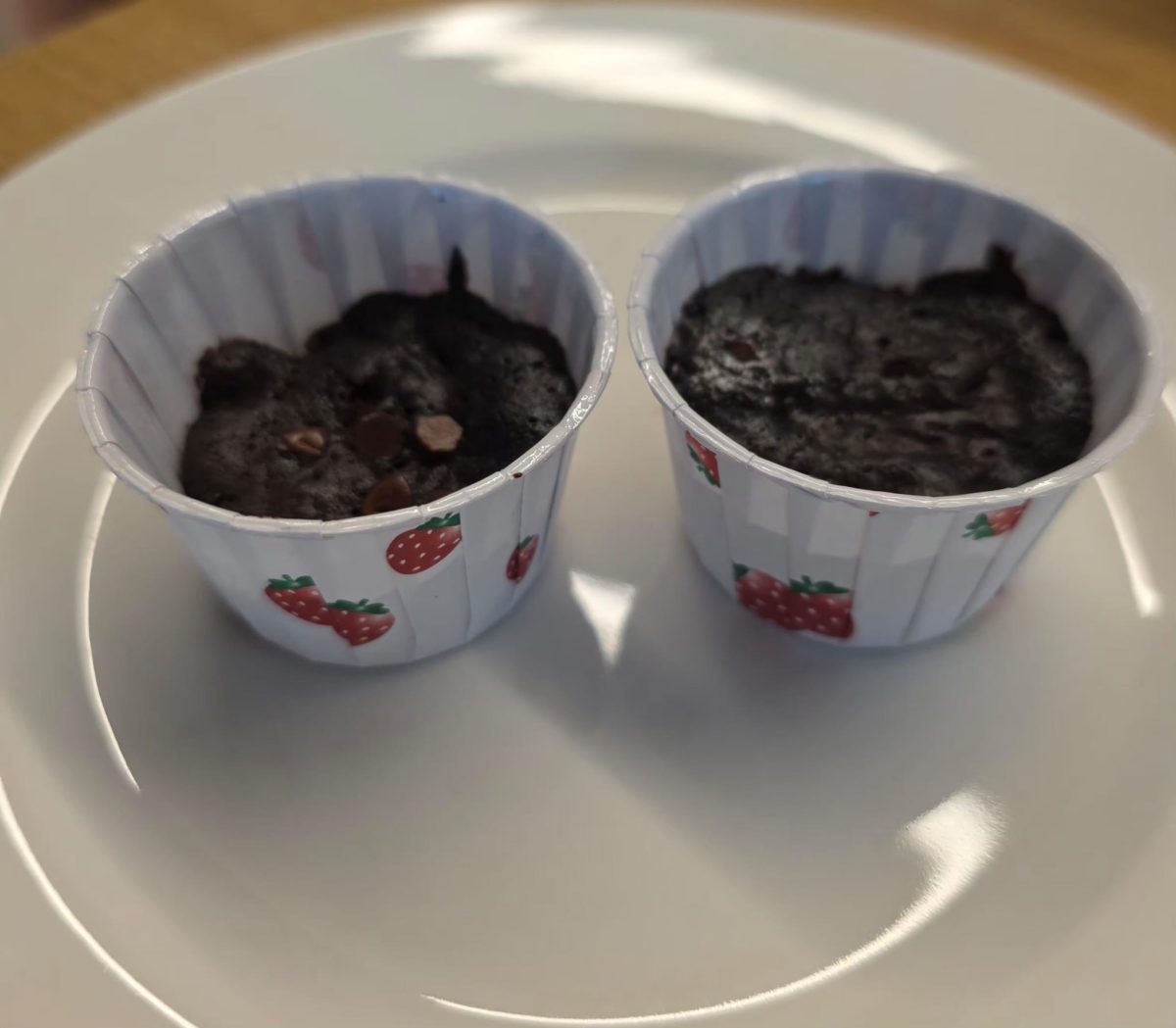 Two chocolate muffins in white paper cups with strawberry prints, placed on a white plate.