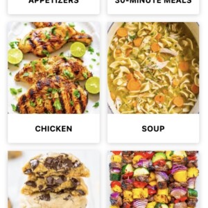 Screenshot of averie cooks website displaying a variety of meal categories including appetizers, 30-minute meals, chicken dishes, soups, desserts, and skewered vegetables.