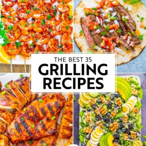 Collage of various grilled dishes including chicken, beef, and salads, labeled "the best 35 grilling recipes" from averie cooks.