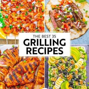 Collage of various grilled dishes including chicken, beef, and salads, labeled "the best 35 grilling recipes" from averie cooks.