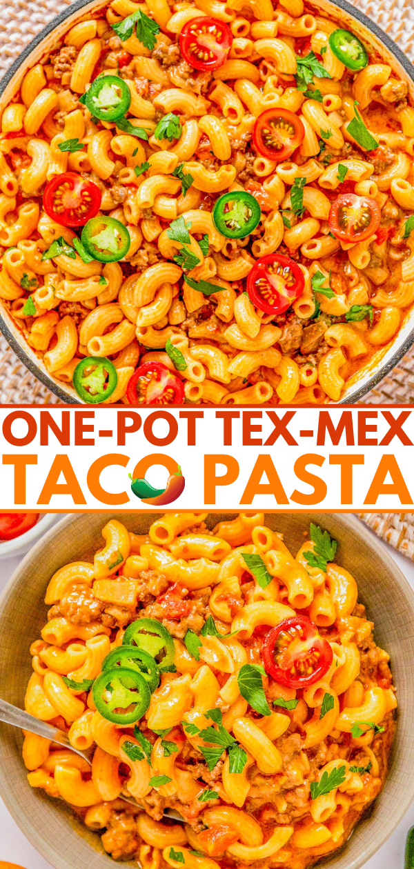 Top image: overhead view of a pot filled with tex-mex taco pasta garnished with sliced jalapeños and tomatoes. bottom image: close-up of a serving of the same dish in a bowl.