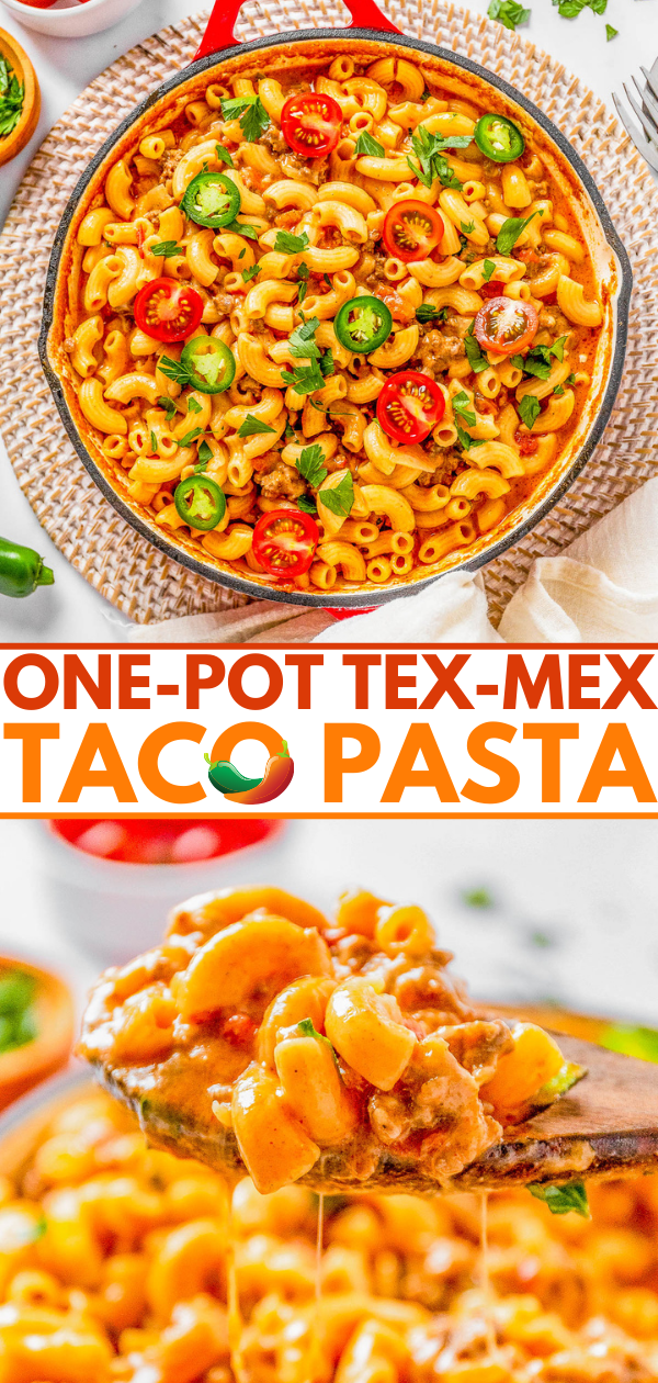 One-pot tex-mex taco pasta with tomatoes and peppers, served on a table.