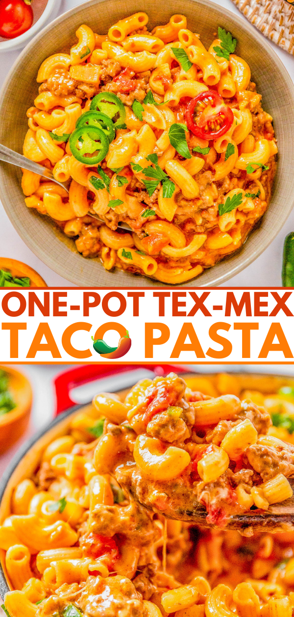 One-pot tex-mex taco pasta in a bowl, garnished with jalapenos and cherry tomatoes, served with a spoon, highlighted by bright, colorful text.