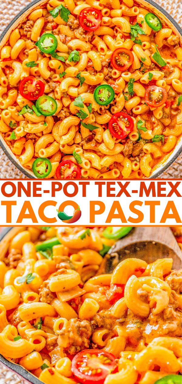 One-pot tex-mex taco pasta with sliced jalapeños and cheese in a skillet, with a close-up view of the colorful, saucy pasta dish.