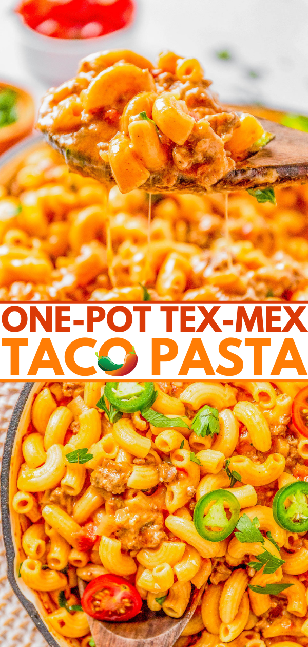 A wooden spoon scooping one-pot tex-mex taco pasta garnished with sliced jalapeños and tomatoes, served in a rustic bowl.
