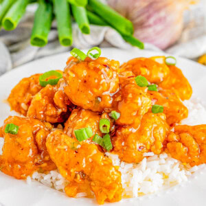 A plate of chicken with rice, garnished with green onions, surrounded by fresh green onions and a garlic bulb.