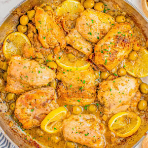 Lemon Olive Chicken Skillet - 🍋🫒🎉 This EASY chicken skillet recipe is full of big flavors including bright and tangy lemons, zesty Spanish olives, oregano, garlic, and onions! This ONE skillet recipe is ready in 30 minutes and tastes like it's from a fancy restaurant, but it's simple enough to make on busy weeknights to level up your chicken dinner game!