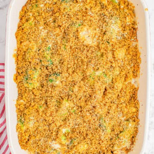 Baked casserole in a rectangular dish with a breadcrumb topping, placed on a marble countertop next to a red-striped cloth.