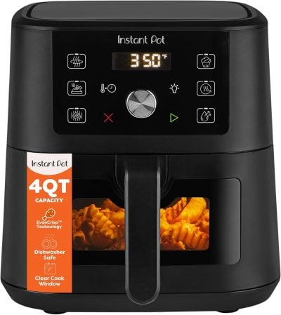 A black Instant Pot air fryer with a digital display showing 350ยฐF and a window revealing crinkle-cut fries inside. The appliance has 4-quart capacity and dishwasher-safe parts.