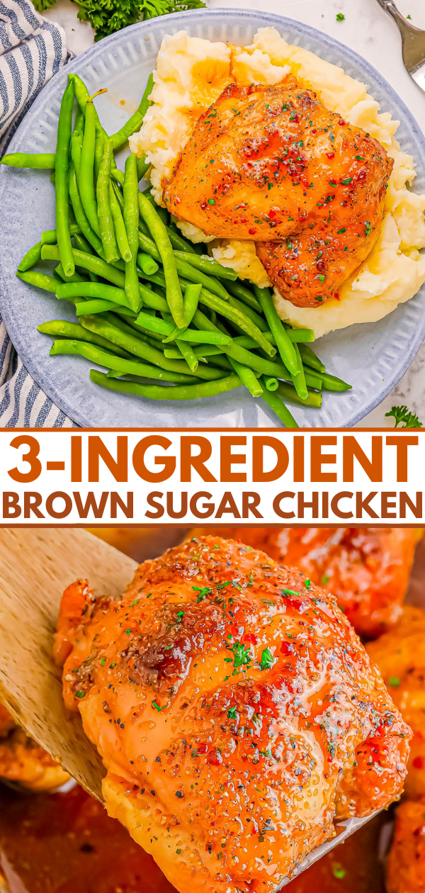 Plate with brown sugar chicken, mashed potatoes, and green beans. Image text reads: