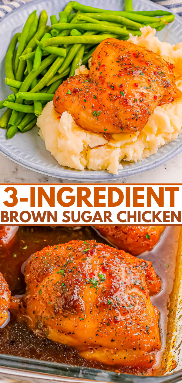 Plate with brown sugar glazed chicken, mashed potatoes, and green beans. Text reads