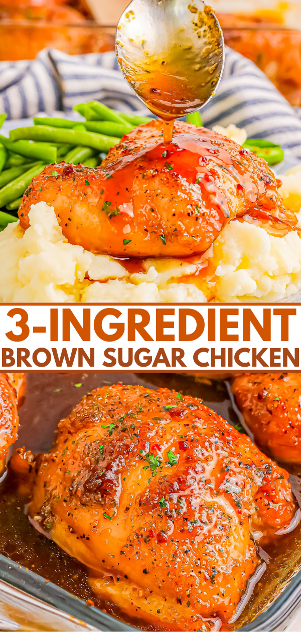 A spoon drizzles sauce over chicken served on mashed potatoes with green beans. Text reads: