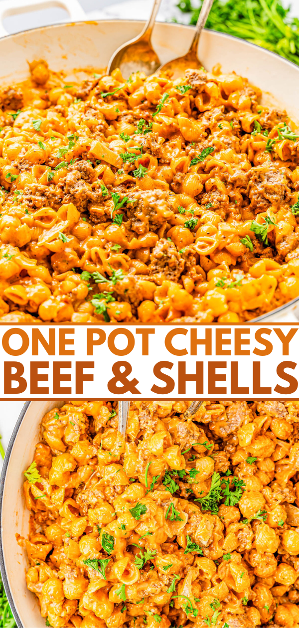 Close-up of a pan filled with cheesy beef and pasta. Two spoons are in the pan, and chopped herbs are sprinkled on top. Text overlay reads: