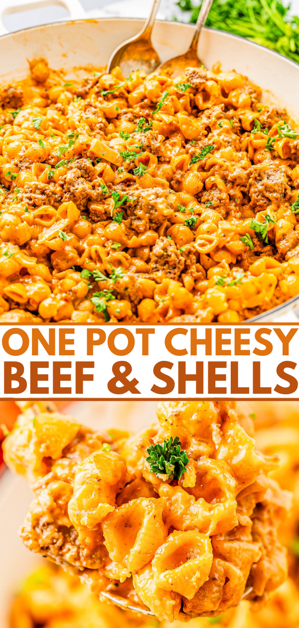 Cheesy beef and pasta shells in a skillet with parsley garnish, accompanied by a serving spoon.