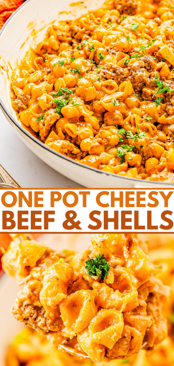 A pot of cheesy beef and pasta shells garnished with parsley.