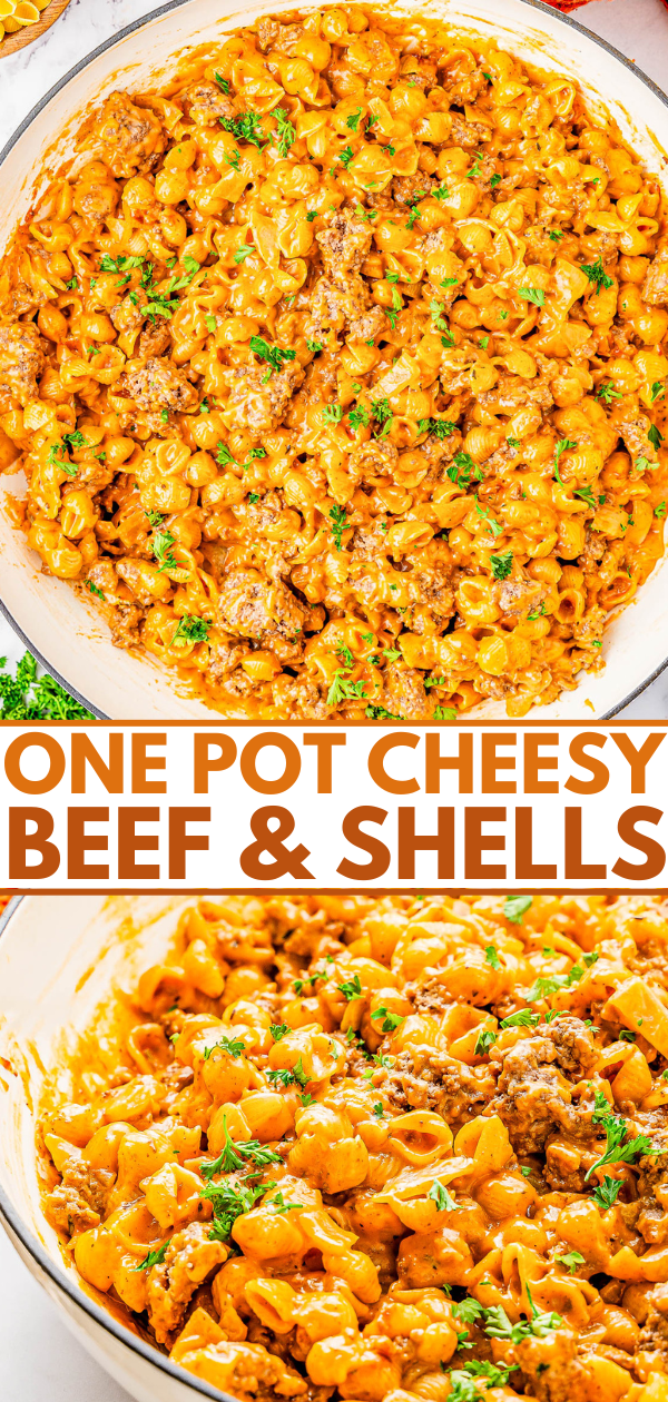 One pot cheesy beef and shell pasta dish garnished with parsley, in a large white pan.