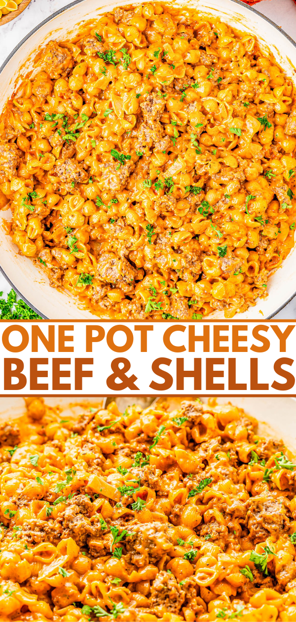 One pot cheesy beef and shells dish topped with parsley.