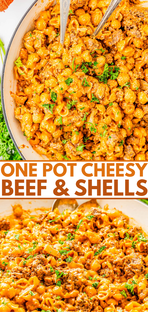 A pot of cheesy beef and pasta shells garnished with parsley, with a serving spoon. Text reads: