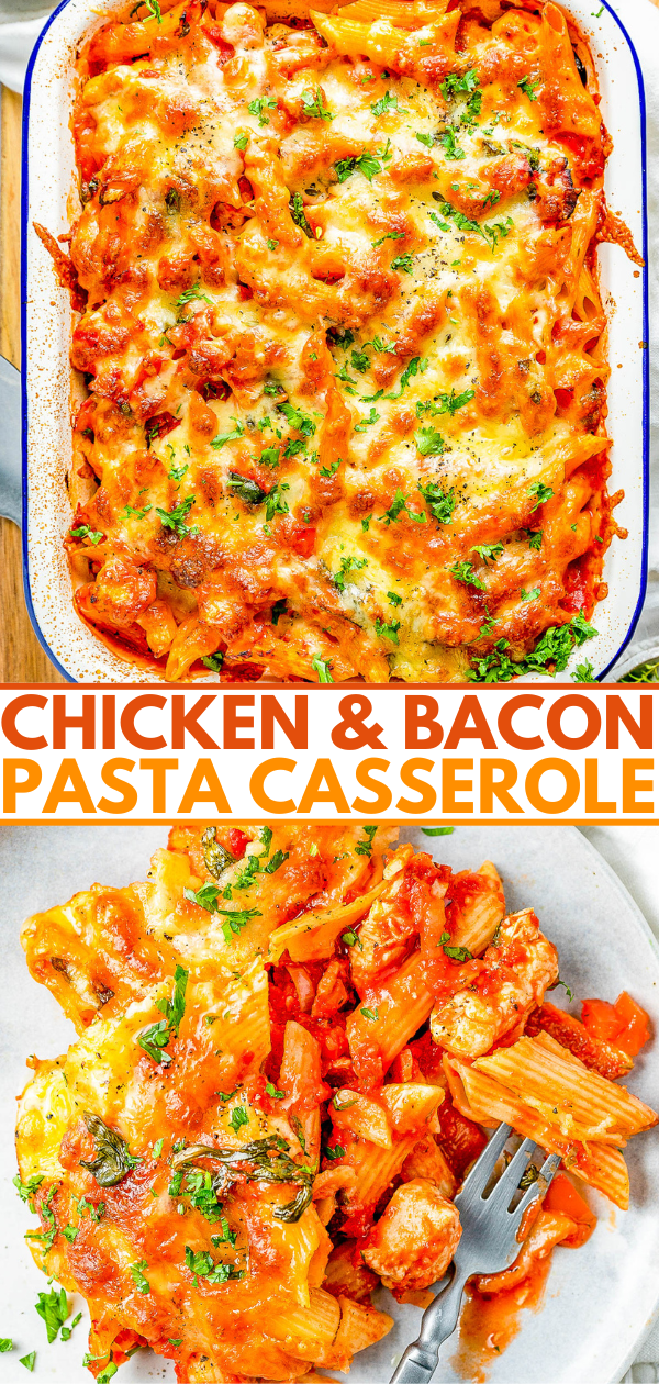 Top view of a baked chicken and bacon pasta casserole, topped with melted cheese and herbs, next to a serving on a white plate.
