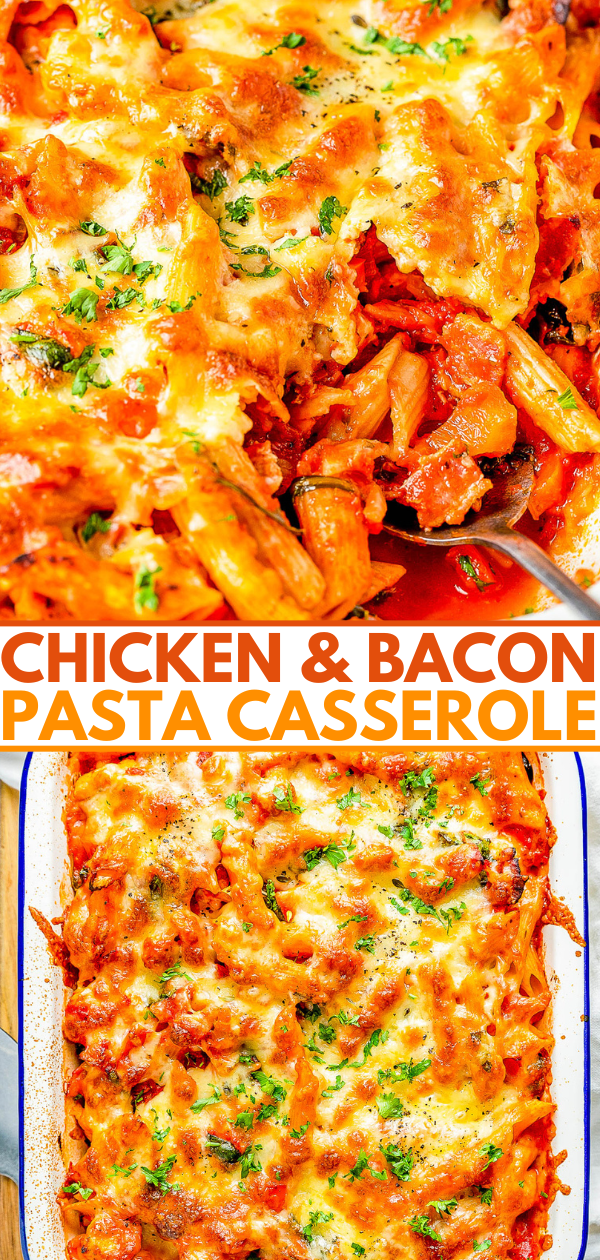 Casserole dish with baked chicken and bacon pasta, topped with melted cheese and parsley.