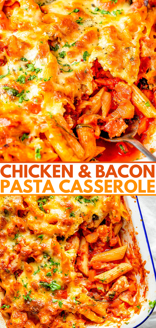 Baked chicken and bacon pasta casserole with melted cheese and herbs on top, shown in a baking dish with a serving spoon.